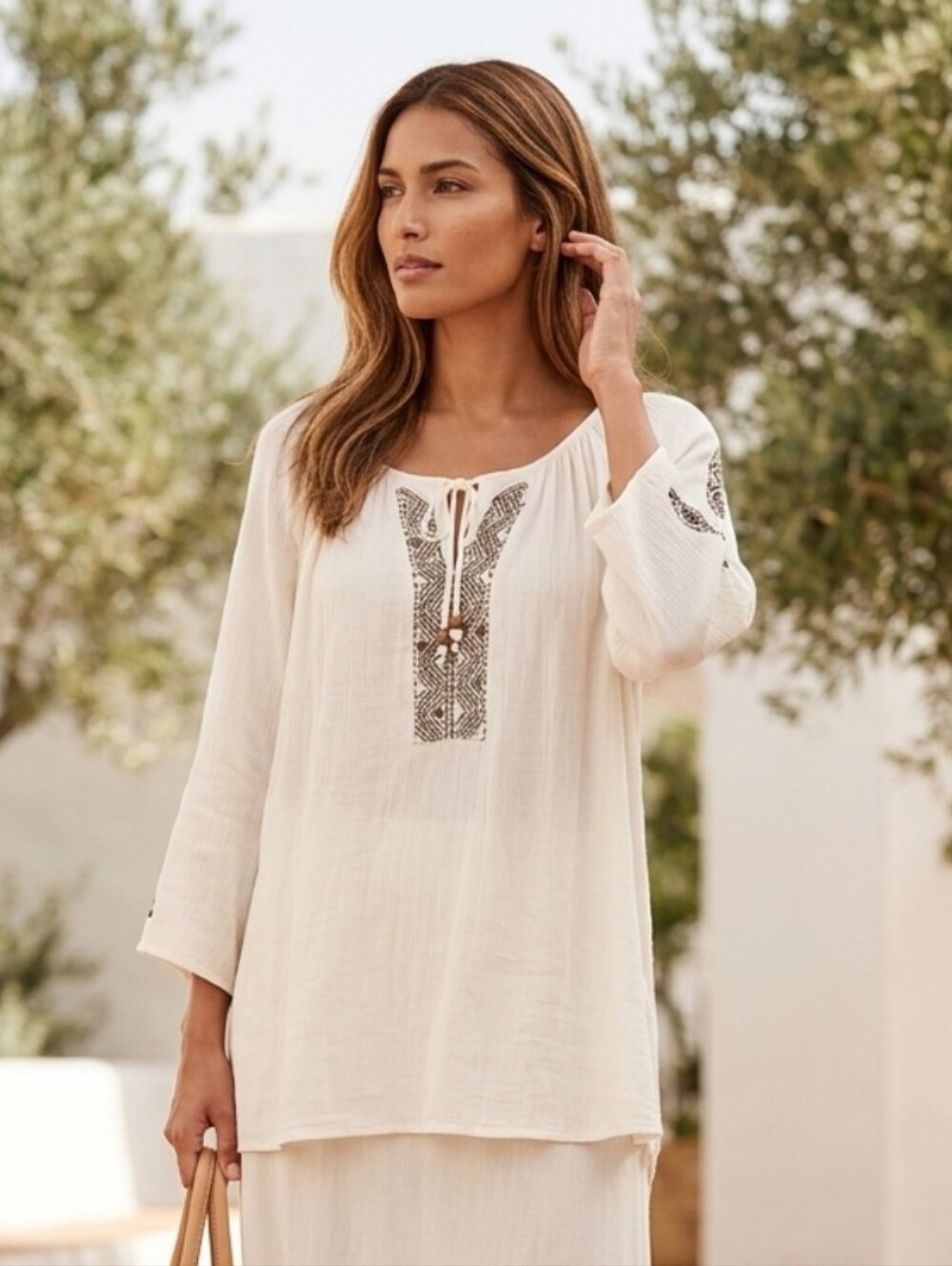 Maurices Cream Boho Embroidered Tunic with Tie Neck Women's 3X